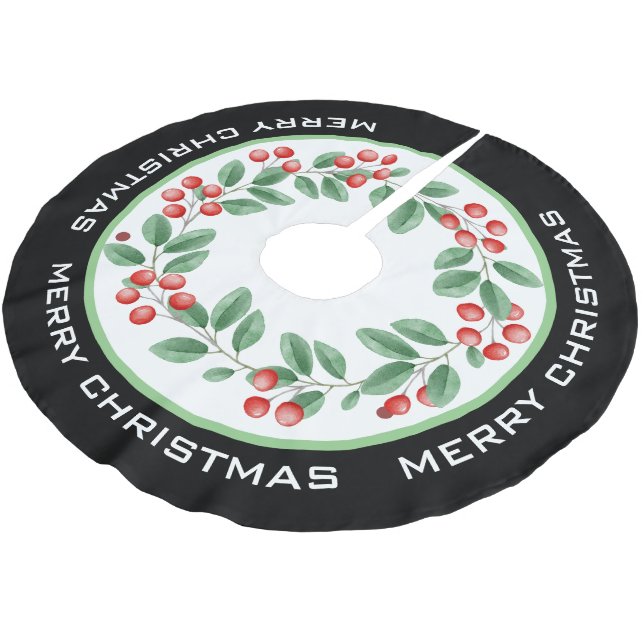 MERRY CHRISTMAS Wreath with Red Berries Polyester Weihnachtsbaumdecke (Schrägansicht)