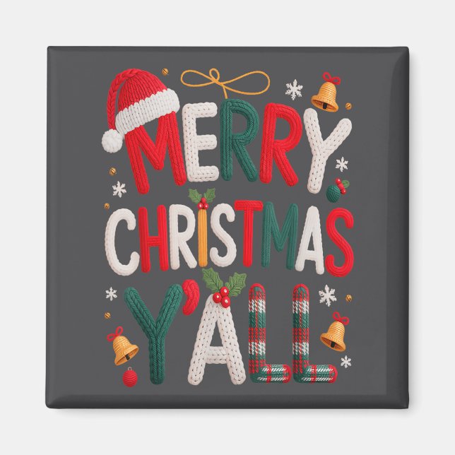 Merry Christmas Y'all Santa Hat Crochet Knitting Q Magnet (Vorne)