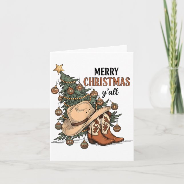 Merry Christmas Y'all Western Cowboy Boots Hat Xma Karte (Vorderseite)