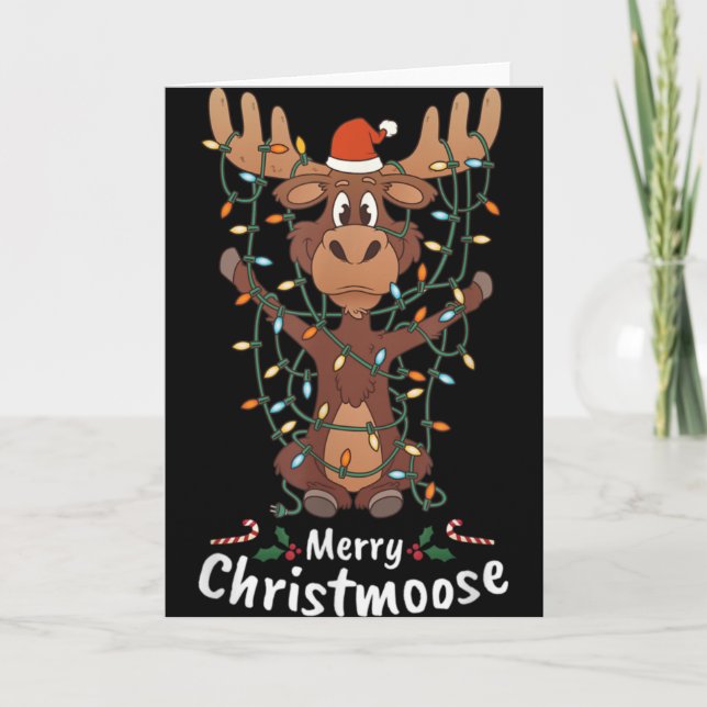Merry Christmoose Christmas Moose Xmas Tree Lights Karte (Vorderseite)