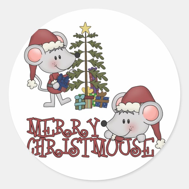 Merry Christmouse mit Baum Runder Aufkleber (Vorderseite)