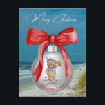 Merry Coastal Christmas Hilton Head Island Beach Feiertagspostkarte<br><div class="desc">Feiern Sie die Feiertage mit dieser wunderschönen Weihnachtskarte zum Thema Küste. Das Design ist ein Foto-Bild eines abgeschiedenen Strandes auf Hilton Head Island, South Carolina mit Haferflocken, Sand und den Ozeanwellen im Hintergrund. Im Vordergrund steht ein weißer Weihnachtsball mit festlichem rotem Bogen und der niedliche kleine Wasserbär mit Segelhut. Der...</div>