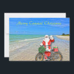 Merry Coastal Christmas Sanibel Island Beach Santa Feiertagskarte<br><div class="desc">Frohe Weihnachten an der Küste! Diese atemberaubende Ferienwohnung in Sanibel Island verfügt über ein Foto-Image des sensationellen Strandes von Sanibel Island mit dem wunderschönen blau-grünen Wasser des Golfs von Mexiko. Das festliche Design beinhaltet das Fahrrad des Weihnachtsmanns, um Pakete auf dieser Insel Oase zu liefern. Auf der Rückseite der Weihnachtskarte...</div>