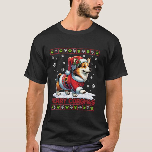 Merry Corgmas Corgi Lights Weihnachtsmannmütze Ugl T-Shirt (Vorderseite)