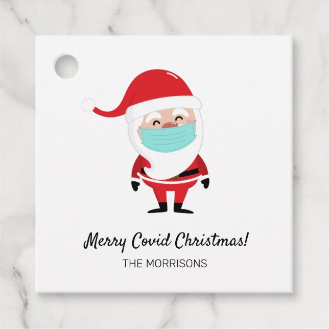 Merry Covid Weihnachten Weihnachtsmann mit Facemas Geschenkanhänger (Vorderseite)