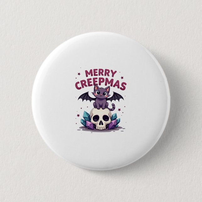 Merry Creepmas Cat Pastel Goth Christmas Skull T-S Button (Vorderseite)