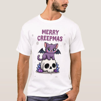 Merry Creepmas Cat Pastel Goth Christmas Skull T-S T-Shirt
