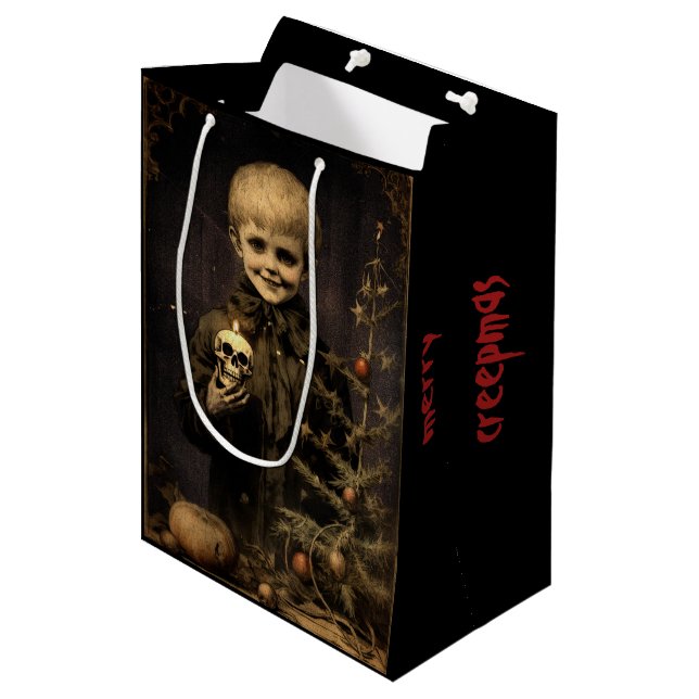 Merry Creepmas Spooky Boy Gothic Vintag Mittlere Geschenktüte (Vorderseite Schrägansicht)
