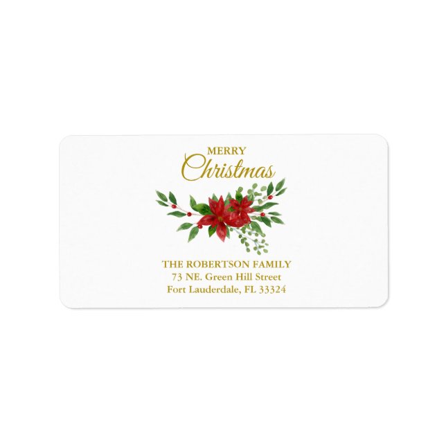 Merry Cristmas Zitat mit Poinsettias Adressaufkleber (Vorne)