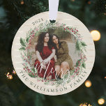 Merry Elegante Festivals Wasserfarben Wreath Zwei  Ornament<br><div class="desc">Eleganter und festlicher Kranz-Schmuck aus dem Weihnachtsfest mit unserem handbemalten Aquarellkranz. Mit zwei Fotos,  eines auf jeder Seite des Ornaments. Der Hintergrund ist mit einem leichten,  goldenen Champagner-Streifen dekoriert. Personalisieren Sie mit zwei Fotos,  Familienunterschrift und Jahr. Handgezeichnet Kunstwerk von Moodthology Papery.</div>