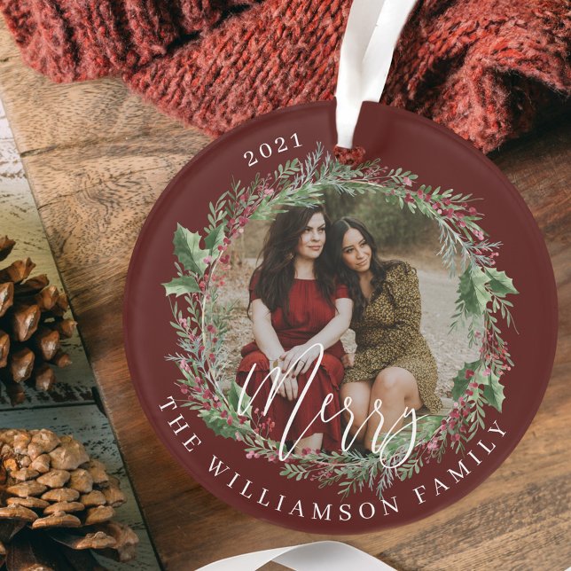 Merry Elegante Festivals Wasserfarben Wreath Zwei  Ornament (Merry Elegant Festive Watercolor Wreath Two Photo Ornament)