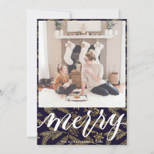 MERRY   Elegantes Typografie Gold Boughs Muster Feiertagskarte