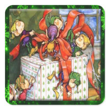 Merry Elves Wrapping Present Square Stickers