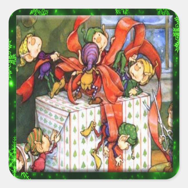 Merry Elves Wrapping Present Square Stickers (Vorderseite)
