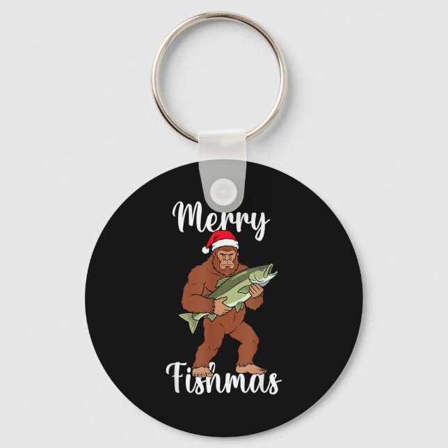 Merry Fishmas Bigfoot Fishing Funny Sasquatch Sant Schlüsselanhänger (Vorderseite)