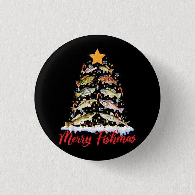 Merry Fishmas Funny Christmas Tree Lights Fish Fis Button (Vorderseite)
