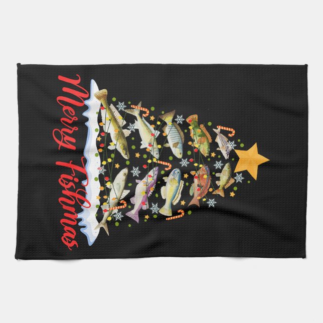 Merry Fishmas Funny Christmas Tree Lights Fish Fis Geschirrtuch (Horizontal)