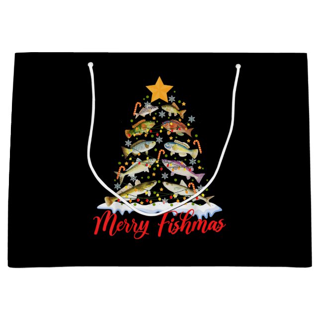 Merry Fishmas Funny Christmas Tree Lights Fish Fis Große Geschenktüte (Vorderseite)