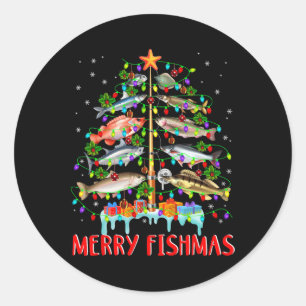 Merry Fishmas Funny Christmas Tree Lights Fish Fis Runder Aufkleber