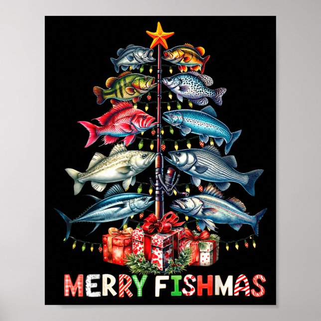 Merry Fishmas Funny Christmas Tree Lights Fishing  Poster (Vorne)