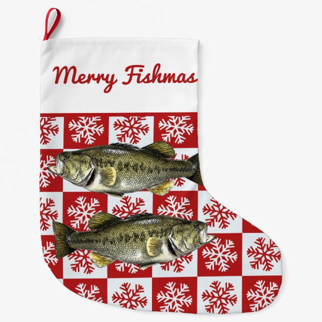 Merry Fishmas Largemouth Bass Fishing Snowflake Großer Weihnachtsstrumpf (Vorderseite)