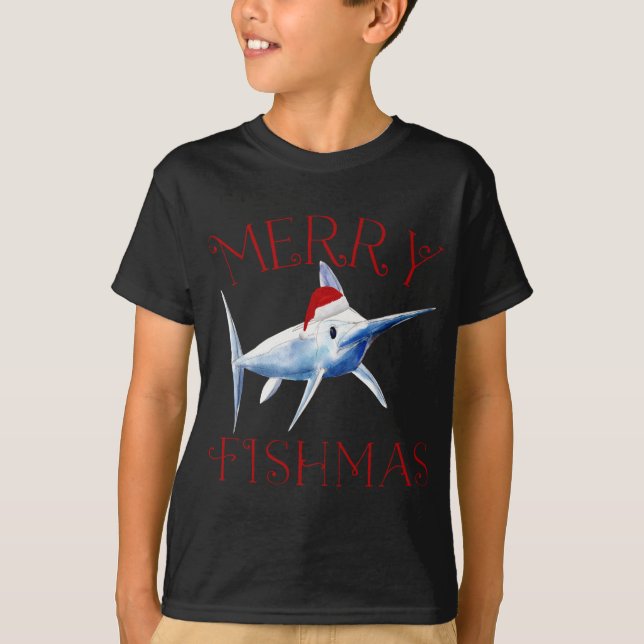 Merry Fishmas Marlin Weihnachtsmannmütze Weihnacht T-Shirt (Vorderseite)