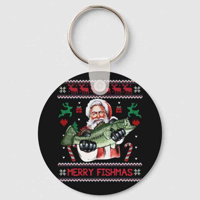 Merry Fishmas Santa Fishing Ugly Christmas Sweater Schlüsselanhänger (Vorderseite)