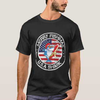Merry Fishmas USA Flag Great White Shark T-Shirt