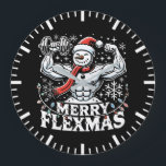Merry Flexmas - Snowman Flexing Christmas Gym Große Wanduhr<br><div class="desc">Mit diesem unglaublich witzig "Merry Flexmas"-Design lassen Sie sich von festlichem Geist und Fitness-Spaß verzaubern! Dieses Design zeigt einen gerissenen Schneemann mit biceps, umgeben von festlichen Elementen wie Schneeflocken, Weihnachtsbäumen und Urlaubsmustern. Es ist perfekt für jeden, der sich weigert, sein Training selbst während der Ferienzeit zu überspringen. Ob Sie Fitness-Fans,...</div>