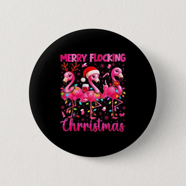Merry Flocking Christmas Flamingo Drink Pjs Xmas M Button (Vorderseite)