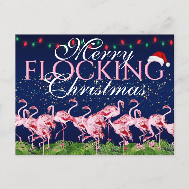 Merry Flocking Christmas Pink Flamingo Feiertagspostkarte (Vorderseite)