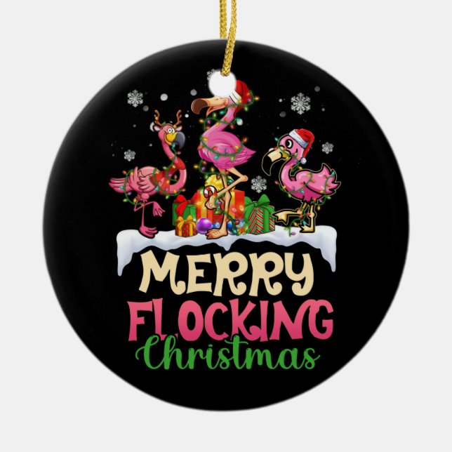 Merry Flocking Christmas Reindeer Santa Flamingo Keramik Ornament (Vorne)