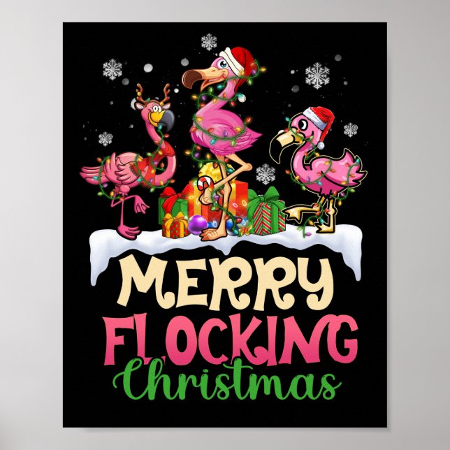 Merry Flocking Christmas Reindeer Santa Flamingo Poster (Vorne)