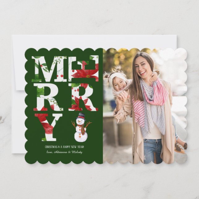 Merry Floral Foto Holiday Card Einladung (Vorderseite)