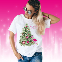 Merry Florida Christmas Pink Flamingo Pastel Tree T-Shirt