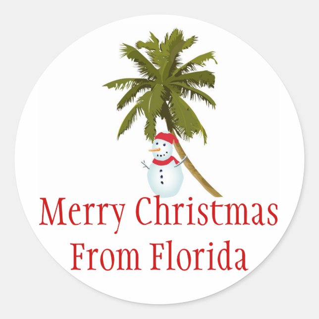 Merry Florida Weihnachten, Schneemann unter Palmen Runder Aufkleber (Vorderseite)
