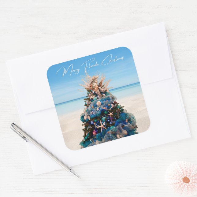 Merry Florida Weihnachten Tropical Beach and Tree Quadratischer Aufkleber (Umschlag)