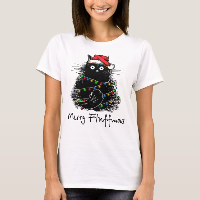 Merry Fluffmas Fluffy Cat Frohe Weihnachtsgeschenk T-Shirt (Vorderseite)