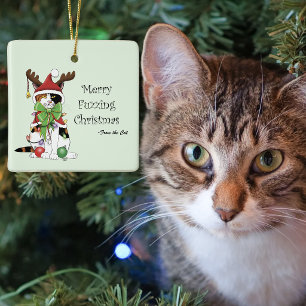 Merry Fuzzing Christmas Cat Keramikornament