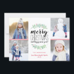 Merry Garland Holiday 4 Foto Collage Card Feiertagskarte<br><div class="desc">Stilvolle und festliche Urlaubskarte mit gestapelter Typografie: "Frohe Weihnachten und glückliches neues Jahr."  Personalisieren Sie mit Ihren eigenen Fotos und Texten.
Mit unseren exklusiven handbemalten Aquarelllaubern mit roten Beeren. Das ist mit einem trendigen roten Geo-Muster auf der Rückseite für eine besondere Touch.</div>