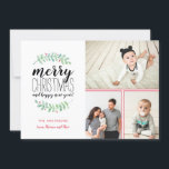 Merry Garland Holiday Christmas Collage 3-Foto Feiertagskarte<br><div class="desc">Stilvolle und festliche Holiday Foto-Collage-Karte mit gestapelten Typografien mit folgenden Worten: "Frohe Weihnachten und glückliches neues Jahr."  Personalisieren Sie mit Ihren eigenen Fotos und Texten.
Mit unseren exklusiven handbemalten Aquarelllaubern mit roten Beeren. Das ist mit einem trendigen roten Geo-Muster auf der Rückseite für eine besondere Touch.</div>