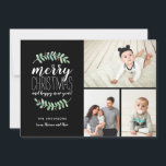 Merry Garland Holiday Christmas Collage 3-Foto Feiertagskarte<br><div class="desc">Stilvolle und festliche Holiday Foto-Collage-Karte mit gestapelten Typografien mit folgenden Worten: "Frohe Weihnachten und glückliches neues Jahr."  Personalisieren Sie mit Ihren eigenen Fotos und Texten.
Mit unseren exklusiven handbemalten Aquarelllaubern mit roten Beeren. Das ist mit einem trendigen roten Geo-Muster auf der Rückseite für eine besondere Touch.</div>
