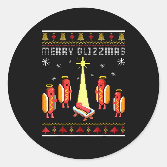 Merry Glizzmas Hot Dog Funny Ugly Christmas Sweate Runder Aufkleber (Vorderseite)