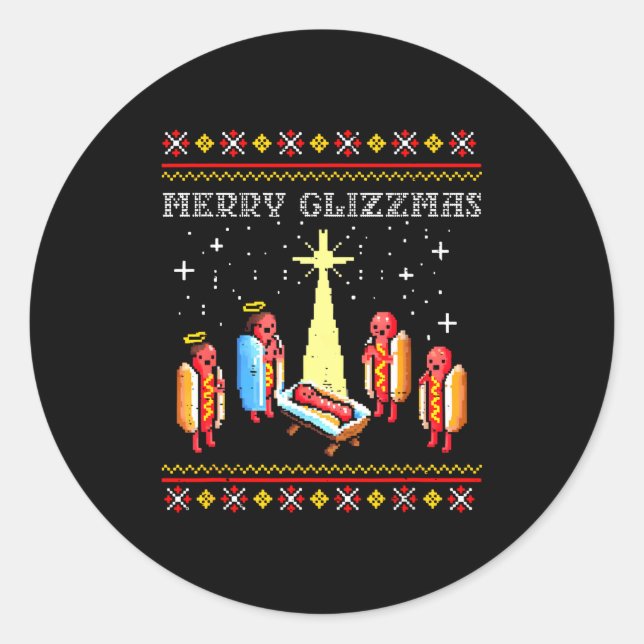Merry Glizzmas Ugly Christmas Sweater Funny Hot Do Runder Aufkleber (Vorderseite)