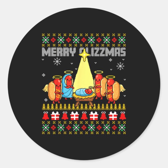 Merry Glizzmas Ugly Christmas Sweaters Hot Dogs Xm Runder Aufkleber (Vorderseite)