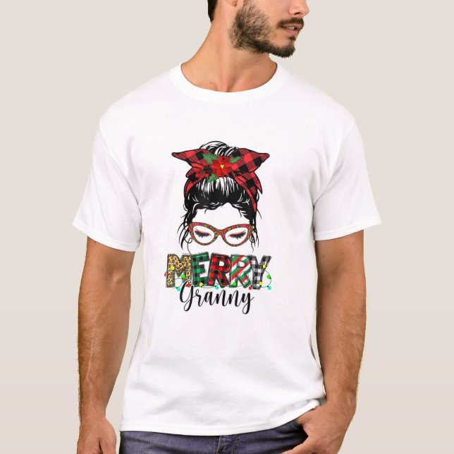 Merry Granny Christmas Messy Bun Kariert Leopard X T-Shirt (Vorderseite)