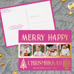 Merry Happy Chrismukkah 4 Foto Berry Pink Gold Folien Feiertagspostkarte<br><div class="desc">Gestalten Sie Ihren eigenen luxuriösen Urlaub in Goldfolie und grüßen Sie die Postkarten mit diesem einfachen und eleganten 4-Foto-Design in dunkelrosa und goldfarben mit einem stilisierten Weihnachtsbaum und einer minimalistischen Menorah für Hanukkah. Frohe Chrismukkah! Fügen Sie Ihre vier Lieblings-Fotos mit dem einfachen Vorlagenuploader hinzu und beobachten Sie, wie Ihre Bilder...</div>