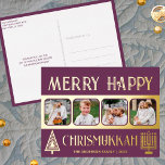 Merry Happy Chrismukkah 4 Foto Plum Lila Gold Folien Feiertagspostkarte<br><div class="desc">Gestalten Sie Ihren eigenen Luxus-Urlaub in Gold-Folie mit Postkarten mit diesem schlichten und eleganten 4-Foto-Design in dunklem lila und gold mit einem stilisierten Baum für Weihnachten und einem minimalistischen Menorah für Hanukkah. Frohe Chrismukkah! Fügen Sie Ihre vier Lieblings-Fotos mit dem einfachen Template-Uploader hinzu und beobachten Sie, wie Ihre Bilder mit...</div>