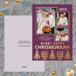 Merry Happy Chrismukkah Chic 3 Foto Lila Gold Folien Feiertagskarte<br><div class="desc">Personalisierte Grußkarten aus Foto, die mit echter Goldfolie bedruckt sind, sorgen für eine Touch Luxus in Ihren Urlaubssendungen. Einfach zu anpassen, fügen Sie einfach Ihre drei Fotos, wo sie sich leicht überlappen werden mit dünnen goldenen Ränder auf dem soliden Pflaume lila Hintergrund. Bearbeiten Sie das Jahr oben und Ihren Namen...</div>