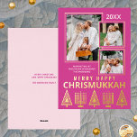 Merry Happy Chrismukkah Chic 3 Foto Pink Gold Folien Feiertagskarte<br><div class="desc">Personalisierte Grußkarten aus Foto, die mit echter Goldfolie bedruckt sind, sorgen für eine Touch Luxus in Ihren Urlaubssendungen. Einfach zu anpassen, fügen Sie einfach Ihre drei Fotos hinzu, wo sie sich leicht überlagern werden mit dünnen goldenen Rahmen auf dem massiven Beerenrosa Hintergrund. Bearbeiten Sie das Jahr oben und Ihren Namen...</div>